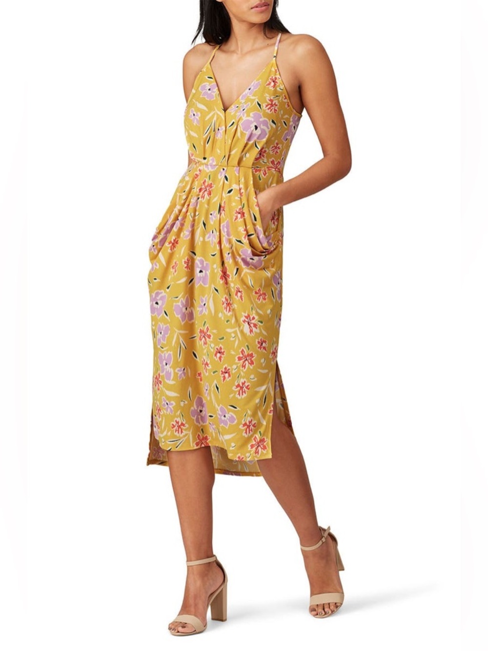 BCBGeneration Yellow Floral Midi Dress with Lilac Accents